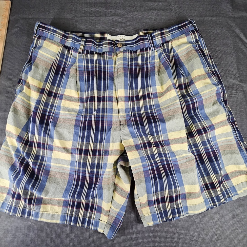 Natural‎ Issue Mens Plaid Pleated Cotton Shorts Blue Yellow Size 40